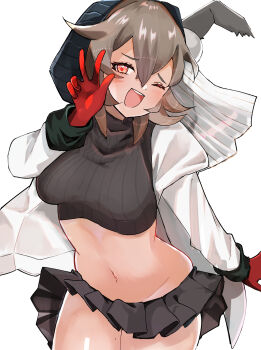 1girl animal_ear_fluff animal_ears arknights bandeau black_bandeau black_hood blush breasts brown_hair caper_(arknights) commentary_request ears_through_hood gloves hair_between_eyes highres jacket kurakak6 looking_at_viewer midriff mole mole_on_thigh navel one_eye_closed open_mouth rabbit_ears rabbit_girl red_eyes red_gloves red_socks short_hair simple_background socks solo w white_background white_jacket