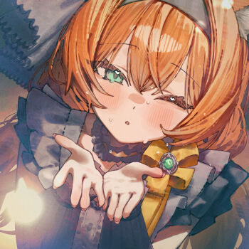 1girl :o betabeet black_hairband blue_archive blue_eyes blush grey_ribbon grey_shirt hair_between_eyes hair_ribbon hairband highres long_hair looking_at_viewer mari_(blue_archive) mari_(idol)_(blue_archive) one_eye_closed open_mouth orange_hair ribbon shirt sidelocks solo sweat wrist_cuffs