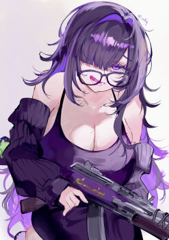 1girl absurdres bare_shoulders black-framed_eyewear black_cardigan black_dress breasts cardigan cleavage commentary dress glasses goddess_of_victory:_nikke gun hair_intakes hair_over_one_eye highres holding holding_gun holding_weapon huge_breasts label_(nikke) large_breasts long_dress long_hair long_sleeves looking_at_viewer mile_(off8mile) mole mole_on_breast off_shoulder open_cardigan open_clothes open_mouth purple_eyes purple_hair rifle ruger_mini-14 simple_background sleeveless sleeveless_dress smile solo trigger_discipline twitter_username upper_body very_long_hair weapon white_background