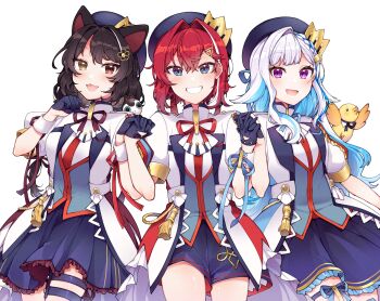 3girls :3 :d absurdres anger_vein animal_ears animal_hair_ornament beret bird blue_eyes blue_gloves blue_hair blue_hat blue_shorts blue_skirt blush braid brown_hair colored_inner_hair colored_lapels commentary_request crown_hat_ornament dog_ears dog_girl fangs frilled_skirt frills gloves grin group_picture hair_between_eyes hair_intakes hair_ornament half_gloves hand_up hands_up hat heterochromia highres holding_hands idol_clothes interlocked_fingers inui_toko jacket lapels leg_ribbon lize_helesta long_hair looking_at_viewer miniskirt mitsumine_(ookami_no_oyashiro) multicolored_hair multiple_girls neck_ribbon nijisanji open_mouth pleated_skirt puffy_short_sleeves puffy_sleeves purple_eyes purple_ribbon red_eyes red_hair red_ribbon ribbon sanbaka_(nijisanji) sanbaka_anniversary_outfit sebastian_piyodore short_hair short_sleeves shorts side-by-side simple_background single_hair_intake single_wrist_cuff skirt smile streaked_hair tassel thigh_ribbon thigh_strap two-tone_hair very_long_hair virtual_youtuber white_background white_hair white_jacket wrist_cuffs yellow_bird yellow_eyes