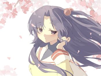 1girl cherry_blossoms clannad cometa_3 floating_hair hair_bobbles hair_ornament hand_in_own_hair highres hikarizaka_private_high_school_uniform ichinose_kotomi jacket purple_hair sailor_collar school_uniform serafuku turtleneck white_sailor_collar yellow_jacket