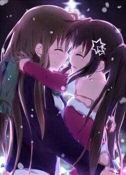 2girls blonde_hair blush breasts brown_hair christmas couple closed_eyes fate_testarossa hair_ornament happy holidays imminent_kiss lyrical_nanoha mahou_shoujo_lyrical_nanoha mahou_shoujo_lyrical_nanoha_strikers multiple_girls santa_costume saya_(lyrical_nanoha) scarf snow takamachi_nanoha triangle_heart yuri