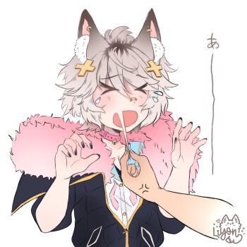 >_< 1girl 1other anger_vein animal_ear_fluff animal_ears bandaid bandaid_on_face bandaid_on_nose bell black_nails collar commission fang fox_ears fox_girl hair_ornament highres indie_virtual_youtuber liyonoko nail_polish neck_bell open_mouth out_of_frame pulling shirahiko_(vtuber) short_hair signature simple_background skin_fang solo_focus stretching tears upper_body virtual_youtuber watermark white_background x_hair_ornament