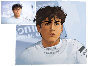 1boy arvid_lindblad atmisuki brown_eyes brown_hair character_name closed_mouth clothes_writing commentary cropped_torso english_commentary formula_2 highres lips looking_ahead male_focus nose photo-referenced photo_inset real_life reference_inset serious shirt short_hair solo_focus white_shirt