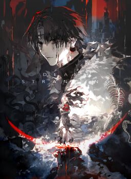 1boy 1girl absurdres blood blood_on_face blood_on_neck brown_eyes brown_hair character_request closed_eyes closed_mouth death_stranding dirty dirty_clothes dirty_face dress eteru facial_mark floating_hair forehead_mark full_body grey_hair highres holding lips looking_at_viewer one_eye_covered pale_skin short_hair skeleton torn torn_clothes torn_dress upper_body