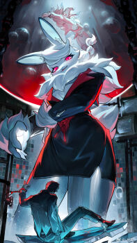 1boy 2girls animal_ear_fluff belt black_dress body_fur bound bound_wrists bubble chain cowboy_shot cuffs dress fluffy furry furry_female giant giantess hair_tie handcuffs happy highres indoors industrial_pipe jacket laboratory liquid long_hair long_sleeves looking_at_another looking_down magiace monitor multi-tied_hair multiple_girls open_mouth original pants ponytail rabbit_ears rabbit_girl rabbit_tail red_eyes shoes short_dress short_tail side_slit sitting smile solo_focus standing submerged swept_bangs tail watermark weibo_watermark white_fur white_hair