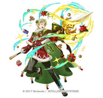 Rule 34 | 1boy, alfred (fire emblem), alfred (joyous snowdrop) (fire emblem), attack, belt, black pants, blonde hair, bow, box, brown belt, cape, capelet, christmas ornaments, closed eyes, coat, commentary request, fighting stance, fire emblem, fire emblem engage, fire emblem heroes, fur-trimmed capelet, fur-trimmed coat, fur trim, gift, gift box, gingerbread man, gloves, green bow, green cape, hair ornament, hanada 09, holding, holding polearm, holding weapon, holly, holly hair ornament, long sleeves, looking at viewer, male focus, nintendo, official alternate costume, official art, open mouth, pants, polearm, red capelet, red coat, santa costume, scarf, shoes, short hair, simple background, smile, solo, star (symbol), star ornament, weapon, white background, white gloves, white scarf