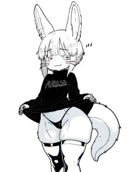 1girl 911servis :3 animal_ears black_sweater blush closed_mouth clothes_lift clothes_writing furry furry_female greyscale highleg highleg_panties highres kyojiri_loli lifting_own_clothes loli long_sleeves looking_at_viewer made_in_abyss medium_hair monochrome nanachi_(made_in_abyss) panties simple_background skindentation smile solo standing sweater tail thick_thighs thighhighs thighs thong turtleneck turtleneck_sweater underwear whiskers white_background