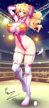 1girl blonde_hair blue_eyes boots breasts highres huge_breasts long_hair open_mouth rakko_(r2) sandy_bash suketto_sanjou! wrestler wrestling_outfit wrestling_ring