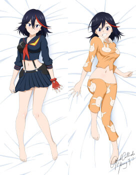 1girl animal_print barefoot bed_sheet black_hair breasts dakimakura_(medium) full_body grin happy highres kill_la_kill kimmy77 lying matoi_ryuuko medium_breasts midriff multicolored_hair multiple_views navel no_shoes on_back orange_pajamas pajamas pleated_skirt print_pajamas rabbit_print red_hair school_uniform serafuku short_hair skirt sleepwear smile stomach streaked_hair suspenders