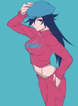 1girl bambietta_basterbine black_eyes black_hair bleach bleach:_sennen_kessen-hen blue_background blue_hat breasts cropped_jacket facing_to_the_side front_zipper hair_between_eyes hair_over_one_eye hand_on_headwear hand_on_own_hip hat highres hugekeytaro jacket large_breasts light_frown long_hair long_sleeves looking_at_viewer messy_hair midriff midriff_peek pants profile red_jacket red_pants simple_background solo turtleneck turtleneck_jacket zipper
