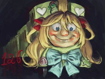 aqua_bow aqua_bowtie black_background blue_eyes bow bowtie brown_hair celebration closed_mouth commentary english_commentary foreshortening hair_ribbon heart highres locomotive long_hair looking_at_viewer neuro-sama red_ribbon ribbon smile star_(symbol) steam_locomotive train turtle twitch.tv two_side_up vedal987 vedal_ai vehicalization yngxx1895996