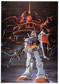 1970s_(style) 1980s_(style) absurdres artist_name beam_rifle cable energy_gun gun gundam highres machine_gun machinery mecha mecha_focus mobile_suit mobile_suit_gundam no_humans official_art oldschool one-eyed ookawara_kunio painting_(medium) production_art retro_artstyle robot rx-78-2_gundam scan science_fiction scope shield signature space star_(symbol) traditional_media v-fin weapon zaku_ii zaku_ii_s_char_custom zeon