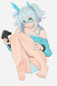 1girl absurdres barefoot blue_eyes controller feet fu_nan_lao_bai_he_naicha game_controller girls'_frontline glasses highres long_hair looking_at_viewer pa-15_(girls'_frontline) panties parted_lips soles toes twintails underwear