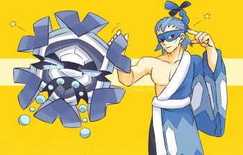 >_o 1boy blue_hair blue_kimono blue_mask brycen_(pokemon) closed_mouth commentary_request cryogonal eye_mask gen_5_pokemon japanese_clothes kimono majiesa1129 male_focus mask nintendo one_eye_closed pectorals pokemon pokemon_(creature) pokemon_bw simple_background single_bare_shoulder smile star_(symbol) yellow_background