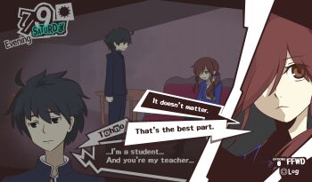 1boy 1girl ahoge black_eyes black_hair brown_eyes brown_hair commentary couch english_commentary hair_between_eyes hair_ornament hair_over_one_eye hair_scrunchie highres indoors jacket looking_at_another meme mokujhin noel_(tsukihime) parody persona persona_5 scene_reference school_uniform scrunchie shirt short_hair side_ponytail sitting souya_high_school_uniform standing style_parody table teacher_and_student tohno_shiki tsukihime tsukihime_(remake) user_interface white_shirt