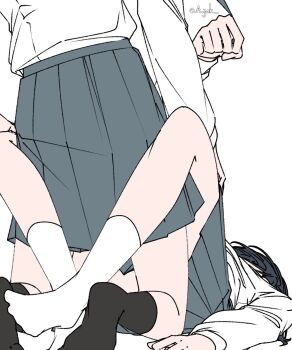 2girls a_jak between_legs black_hair black_socks grey_skirt highres miyagi_shiori multiple_girls pleated_skirt school_uniform sendai_hazuki shirt shuuniichido_classmate_wo_kau_hanashi simple_background skirt socks white_background white_shirt white_socks yuri