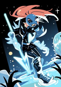 >:) 1girl absurdres armor black_boots black_sclera blue_skin boots breastplate colored_sclera colored_skin eye_trail fins fish_girl full_body gauntlets glowing glowing_weapon gogeyama head_fins highres holding holding_polearm holding_weapon light_trail long_hair looking_at_viewer pauldrons polearm red_hair sharp_teeth shoulder_armor slit_pupils solo spear standing teeth undertale undyne undyne_the_undying utdr_(toby_fox) v-shaped_eyebrows water waterfall weapon