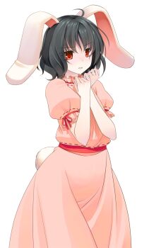 1girl ahoge animal_ears black_hair commentary_request cowboy_shot crote dress floppy_ears frilled_sleeves frills hands_up highres inaba_tewi large_variant_set long_dress parted_lips pink_dress puffy_short_sleeves puffy_sleeves rabbit_ears rabbit_girl rabbit_tail red_eyes red_ribbon ribbon ribbon-trimmed_dress ribbon_trim short_hair short_sleeves sleeve_ribbon smile solo standing tachi-e tail touhou transparent_background v-shaped_eyebrows variant_set