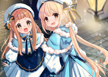 2girls :d beret black_bow blonde_hair blue_capelet blush bow brown_eyes brown_hair capelet commentary_request dress fur-trimmed_hood fur-trimmed_jacket fur_trim futaba_anzu hat hat_bow highres hood hood_down hooded_capelet ichihara_nina idolmaster idolmaster_cinderella_girls idolmaster_cinderella_girls_starlight_stage jacket long_hair long_sleeves low_twintails multiple_girls open_mouth pleated_dress puffy_long_sleeves puffy_sleeves rino_cnc smile twintails very_long_hair wall_lamp white_dress white_hat