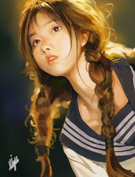 1girl absurdres black_eyes black_sailor_collar braid brown_hair commentary english_commentary forehead hair_over_shoulder highres long_hair migu_(iws2525) original parted_lips photorealistic pink_lips realistic sailor_collar sailor_shirt school_uniform shirt signature solo twin_braids upper_body white_shirt