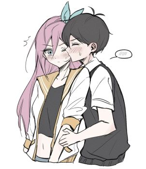 1boy 1girl antenna_hair aubrey_(faraway)_(omori) aubrey_(omori) black_hair black_shirt black_vest blue_eyes blush closed_eyes closed_mouth commentary_request couple cropped_shirt cropped_torso hetero highres jacket kiss kissing_cheek korean_commentary long_hair omori one_eye_closed open_clothes open_jacket pink_hair shirt short_hair short_sleeves simple_background spoken_blush sunny_(omori) vest white_background white_jacket white_shirt wktdms1