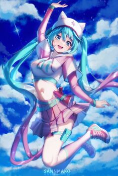 1girl animal_hat aqua_eyes aqua_hair belt breasts cat_hat crop_top fortnite gradient_hair hat hatsune_miku highres hood hoodie long_hair midriff multicolored_hair multicolored_hoodie navel neko_hatsune_miku open_mouth pink_hair pink_shoes pink_skirt sannmako shoes skirt sneakers solo stomach twintails upper_body very_long_hair vocaloid white_hat white_hoodie