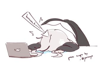 1girl ^^^ arrow_(symbol) artist_self-insert black_hair cetacean_tail chibi chonkyorca commentary computer english_commentary english_text fins fish_tail grey_hair highres laptop long_hair long_sleeves low_twintails multicolored_hair orca_(chonkyorca) original puddle puffy_long_sleeves puffy_sleeves simple_background sleeves_past_wrists solo streaked_hair tail tears twintails twitter_username upper_body white_background