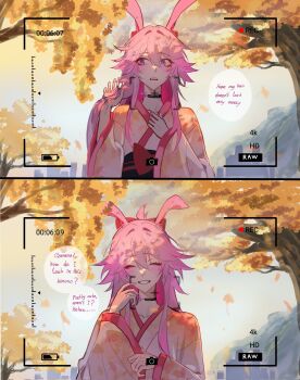 1girl animal_ears battery_indicator english_text evanescia_(honkai:_star_rail) fox_ears fox_girl highres honkai:_star_rail honkai_(series) japanese_clothes kimono leaf_print long_hair pink_hair purple_eyes recording touko_35 tree