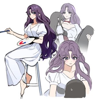 2girls alternate_hair_length alternate_hairstyle art_brush barefoot black_pants brown_hair carrying chinese_commentary closed_mouth collarbone commentary_request couple curtained_hair dress face-to-face full_body genderswap genderswap_(mtf) grey_eyes hand_on_another&#039;s_thigh highres holding holding_brush holding_paint_palette long_dress long_hair long_sleeves looking_at_another looking_at_viewer love_and_deepspace multicolored_eyes multiple_girls multiple_views on_stool paint_palette paintbrush painting_(action) pants parted_lips pink_eyes princess_carry protagonist_(love_and_deepspace) puffy_short_sleeves puffy_sleeves purple_hair rafayel_(love_and_deepspace) shirt short_sleeves sidelocks simple_background stool straight_hair sweatdrop two-tone_eyes very_long_hair wavy_hair white_background white_dress white_shirt wuliu_heihuo yukadon yuri