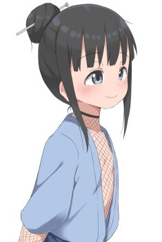 1girl black_hair blue_eyes blush bubukka dot_nose fishnet_sleeves fishnet_top fishnets flat_chest hair_bun hair_ornament hair_stick japanese_clothes kimono kunoichi_tsubaki_no_mune_no_uchi mokuren_(kunoichi_tsubaki_no_mune_no_uchi) open_clothes sidelocks single_hair_bun smile solo white_background