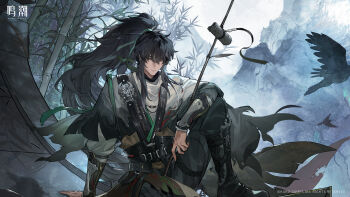 1boy absurdres arm_armor bird black_boots black_eyes black_hair black_pants boots character_name chinese_clothes closed_mouth crow english_text full_body green_ribbon hair_between_eyes hair_ribbon highres knee_up logo long_hair looking_at_viewer male_focus official_art pants ponytail qiuyuan_(wuthering_waves) revision ribbon shirt sitting solo white_shirt wuthering_waves