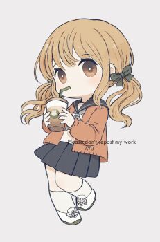Rule 34 | 1girl, artist name, ayu (mog), black sailor collar, black skirt, blonde hair, bow, brown eyes, chibi, chibi only, commentary, commentary request, cup, disposable cup, drinking, drinking straw, english commentary, full body, green bow, grey neckerchief, hair bow, holding, holding cup, jacket, long hair, long sleeves, mixed-language commentary, neckerchief, open clothes, open jacket, orange jacket, original, pleated skirt, romaji commentary, sailor collar, school uniform, serafuku, shoes, simple background, skirt, sneakers, socks, solo, standing, standing on one leg, twintails, watermark, white background, white shoes, white socks