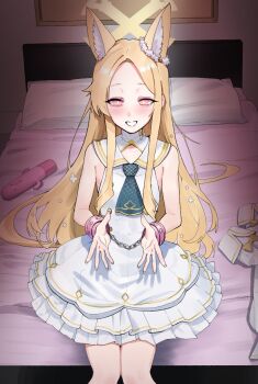 1girl animal_ear_fluff animal_ears bare_arms bare_legs bare_shoulders barefoot blonde_hair blue_archive blue_necktie blush commentary cuffs dress flat_chest flower forehead fox_ears fox_girl grin hair_flower hair_ornament halo handcuffs haniwa_(statue) highres indoors jjigong_chigon layered_dress necktie on_bed paid_reward_available pink_hair seia_(blue_archive) sex_toy sitting sleeveless sleeveless_dress smile solo vibrator white_dress white_flower yellow_halo