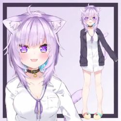 1girl 60+fps ahoge animal_ears animated black_jacket bow breasts button_gap cat_ears cat_tail cleavage collar fang glasses hololive jacket kamioka_shun&#039;ya live2d medium_breasts megajujube multiple_views nekomata_okayu nekomata_okayu_(oversized_shirt) no_pants official_alternate_costume official_art purple_eyes purple_hair rariemonn shirt slippers tail video virtual_youtuber white_shirt