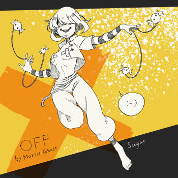 1girl barefoot breasts candy character_name cross cross_pasties english_text facing_viewer food greyscale_with_colored_background hair_over_eyes highres medium_breasts navel off_(game) open_clothes open_mouth open_shirt pasties shifumame short_hair solo speech_bubble string_around_finger sucre_(off) wrapped_candy