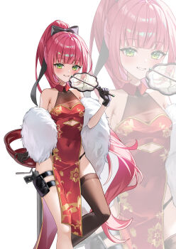 Rule 34 | 1girl, absurdres, bare shoulders, black bow, black gloves, black thighhighs, bow, breasts, china dress, chinese clothes, covered navel, dress, feather boa, gloves, green eyes, hair bow, hanako nana, hand fan, hashtag-only commentary, high ponytail, highres, holding, holding fan, long hair, looking at viewer, mella (mell a12), multicolored hair, parted lips, pink hair, ponytail, red dress, simple background, single thighhigh, smile, solo, standing, stellive, thighhighs, very long hair, virtual youtuber, white background, zoom layer