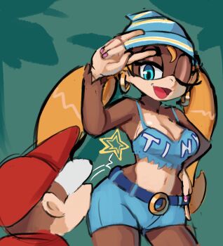 1boy 1girl ape beanie blonde_hair blue_eyes breasts bulging_eyes candy_kong candy_kong_(cosplay) cleavage cosplay curvy davenextdoor_(justdavefnd) denim denim_shorts diddy_kong donkey_kong_(series) earrings eye_pop hand_on_own_hip hat hoop_earrings jewelry long_hair medium_breasts midriff monkey monkey_girl nail_polish navel nintendo one_eye_closed shiny_skin shorts smile tank_top thighs tiny_kong twintails v very_long_hair wide_hips wink