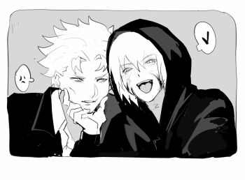 2boys anger_vein brothers cheek_pinching collared_shirt commentary dante_(devil_may_cry) devil_may_cry devil_may_cry_(series) devil_may_cry_3 greyscale hand_on_another&#039;s_face heart highres hood hood_up hoodie jacket looking_at_another looking_at_viewer looking_to_the_side male_focus monochrome multiple_boys open_mouth parted_lips pinching shirt short_hair siblings side-by-side spoken_anger_vein spoken_heart suit_jacket teeth tongue tongue_out twins upper_teeth_only utopia_87115256 vergil_(devil_may_cry) wing_collar