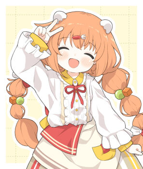 1girl apron arm_up blush border braid brown_apron brown_skirt center_frills closed_eyes collared_dress cowboy_shot dress egg_hair_ornament food-themed_hair_ornament fork_hair_ornament frilled_dress frills grid_background hair_ornament hairclip kirara_tamako kirara_tamako_(1st_costume) layered_sleeves long_hair long_sleeves low_twin_braids neck_ribbon nijisanji object_in_pocket open_mouth orange_eyes orange_hair outline outside_border pocket red_ribbon ribbon skirt smile solo standing striped_clothes striped_skirt twin_braids usugale9523 v vertical-striped_clothes vertical-striped_skirt virtual_youtuber white_border white_dress white_outline yellow_background