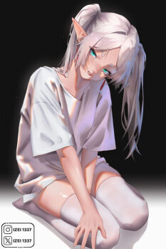 1girl aqua_eyes artist_name black_background collarbone earrings elf female_focus frieren instagram_username izei1337 jewelry lips long_hair looking_at_viewer parted_lips pointy_ears shiny_skin shirt simple_background sousou_no_frieren thighhighs thighs twintails twitter_username white_hair white_shirt white_thighhighs