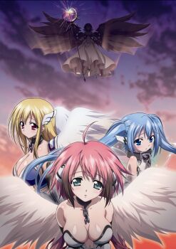 4girls absurdres ahoge angel angel_wings anime_coloring astraea_(sora_no_otoshimono) bare_shoulders black_hair blonde_hair blue_eyes blue_hair blush breasts broken broken_chain chain cleavage cloud collar collarbone dress evening feathered_wings full_body green_eyes head_wings highres holding holding_staff huge_breasts ikaros kazane_hiyori large_breasts leotard long_hair looking_at_viewer metal_collar multiple_girls navel nymph_(sora_no_otoshimono) official_art open_mouth parted_lips pink_hair pink_wings red_eyes robot_ears short_hair silhouette sky small_breasts sora_no_otoshimono staff tareme twintails upper_body very_long_hair watanabe_yoshihiro white_leotard white_wings wings
