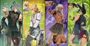 4boys abs absurdres ahoge alhaitham_(genshin_impact) animal_ear_fluff animal_ears arm_strap armlet artist_name asymmetrical_sidelocks asymmetrical_sleeves back bare_shoulders bishounen black_choker black_gloves black_hair black_nails black_shirt black_sleeves blonde_hair blue_feathers blunt_ends blush book brown_eyes chest_jewel choker closed_mouth compression_shirt crossdressing crossdressing_(mtf) crossed_legs cyno_(genshin_impact) dark-skinned_male dark_skin detached_sleeves earrings embarrassed english_text feather_hair_ornament feathers feet_out_of_frame fishnet_pantyhose fishnets fox_boy fox_ears fox_tail from_side gem genius_invokation_tcg genshin_impact gloves green_background green_eyes green_gemstone green_hair green_tail grey_hair hair_between_eyes hair_ornament hair_over_one_eye highres holding holding_book jewelry kaveh_(genshin_impact) kneehighs long_hair long_sleeves looking_at_viewer male_focus medium_hair multicolored_eyes multicolored_hair multiple_boys muscular muscular_male nail_polish naya_(onaxart) nipples open_mouth pantyhose partially_fingerless_gloves pectorals plaid_clothes plaid_skirt pointing pointing_at_viewer purple_background red_eyes shirt short_hair short_sleeves sidelocks signature single_bare_shoulder skirt skirt_tug socks streaked_hair tail teeth thigh_strap thighhighs thighs tighnari_(genshin_impact) toned toned_male tongue topless_male torn_clothes torn_thighhighs upper_teeth_only usekh_collar white_hair white_shirt yellow_background