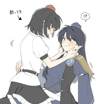 Rule 34 | !?, 2girls, black hair, black skirt, blue dress, blush, closed mouth, commentary request, dress, embarrassed, frills, from side, hand on another's back, hands on another's face, hat, highres, iizunamaru megumu, long hair, long sleeves, medium hair, multiple girls, pointy ears, red eyes, sakic43899, shameimaru aya, shirt, short sleeves, sitting, sitting on lap, sitting on person, skirt, tokin hat, touhou, translated, white background, white shirt, yuri