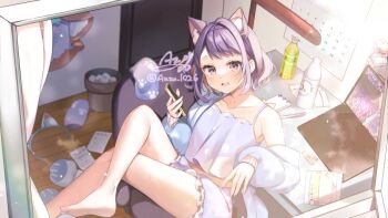 1girl animal_ear_fluff animal_ears anzu_1026 bare_shoulders barefoot blush bottle camisole cat_ears chair collarbone commentary_request computer crossed_legs frilled_shorts frills hair_ornament indoors laptop looking_at_viewer on_chair open_mouth purple_camisole purple_eyes purple_hair purple_shorts razz_production short_hair shorts signature sitting smile solo table twitter_username ukia_mamu virtual_youtuber water_bottle