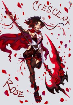 1girl :d absurdres adapted_costume black_jumpsuit black_pants blue_eyes brown_hair cape coconuthound crescent_rose floating_hair flower full_body gradient_hair grey_background hair_flower hair_ornament hair_ribbon highres holding holding_scythe jumpsuit medium_hair multicolored_hair open_mouth pants pantyhose petals red_cape red_hair red_ribbon ribbon rose_petals ruby_rose rwby scythe short_jumpsuit smile solo standing torn_clothes torn_pantyhose white_flower