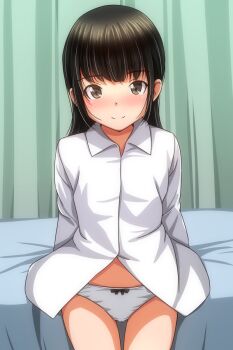 1girl bed bedroom black_bow black_hair blush bow bow_panties brown_eyes curtains long_hair long_sleeves looking_at_viewer matsunaga_kouyou on_bed original panties shirt sitting smile underwear white_panties white_shirt