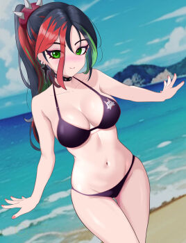 Rule 34 | 1girl, absurdres, beach, bikini, black bikini, black choker, black hair, blush, breasts, choker, closed mouth, futatunoniji, green eyes, green hair, hashtag-only commentary, highres, long hair, medium breasts, multicolored hair, navel, ocean, original, ponytail, red hair, red nails, smile, solo, spiked hair ornament, stomach, swimsuit