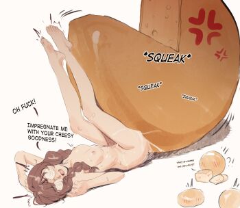 !? 1girl anger_vein barefoot braid breasts brown_hair butterchalk cheese coke-bottle_glasses commentary completely_nude english_commentary english_text feet food glasses highres legs_up long_hair meme nipples nude open_mouth original realda_(vibrantrida) sex simple_background small_breasts solo twin_braids vibrantrida what white_background