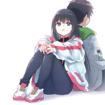 1boy 1girl 9s_(yamamoto_yamato) back-to-back black_hair black_pants blue_eyes grey_hoodie hood hood_down hooded_jacket hoodie jacket knees_up long_hair long_sleeves mineshima_yuu mizuki_riko open_clothes open_jacket own_hands_together pants parted_lips puffy_long_sleeves puffy_sleeves sakagami_touma shadow shoes simple_background sitting sleeves_past_wrists very_long_hair watermark white_background white_jacket white_shoes
